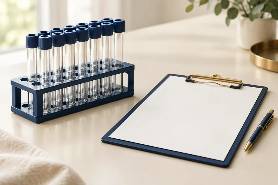 Illustration: sample tubes and a blank clipboard for Bali Belly diagnostic testing