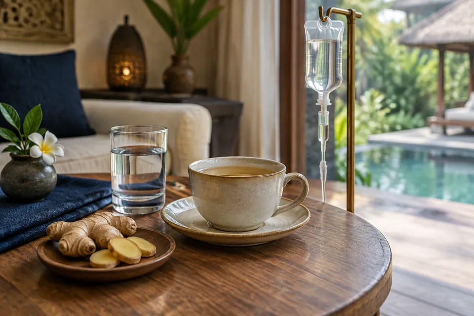 Illustration: ginger tea, water and an IV bag on a villa table for Bali Belly care