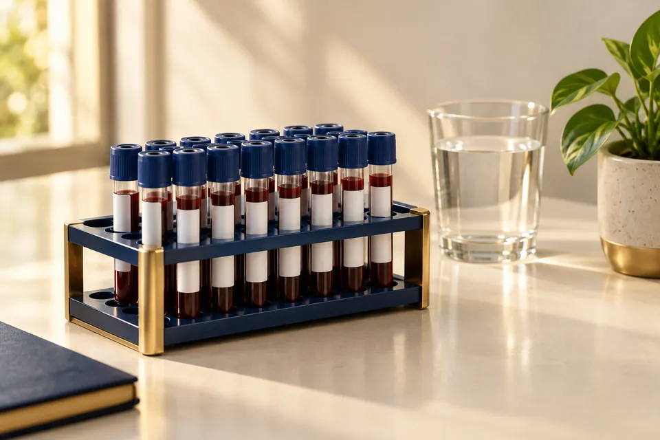 Illustration: rack of blood sample tubes with a glass of water for immunity and longevity diagnostics