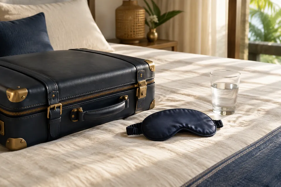 Illustration: travel case, eye mask and water on a villa bed for jet lag recovery